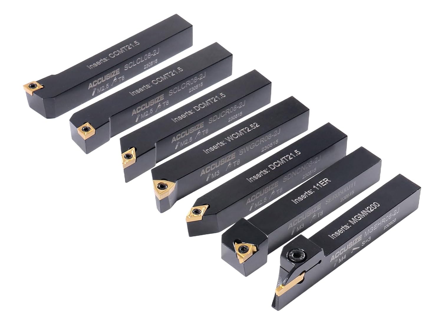 Accusize Industrial Tools 1/2'' Shank 7pc Indexable Carbide Turning Tool Set with 10 Extra TiN‑Coated Inserts, 2387‑2004PLUS