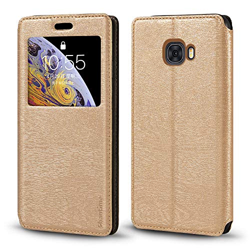 Samsung Galaxy C5 Pro Case, Luxury Wood Grain Leather Case with Card Slot Notification Window Protective Magnetic Flip Cover for Samsung Galaxy C5 Pro (Gold)