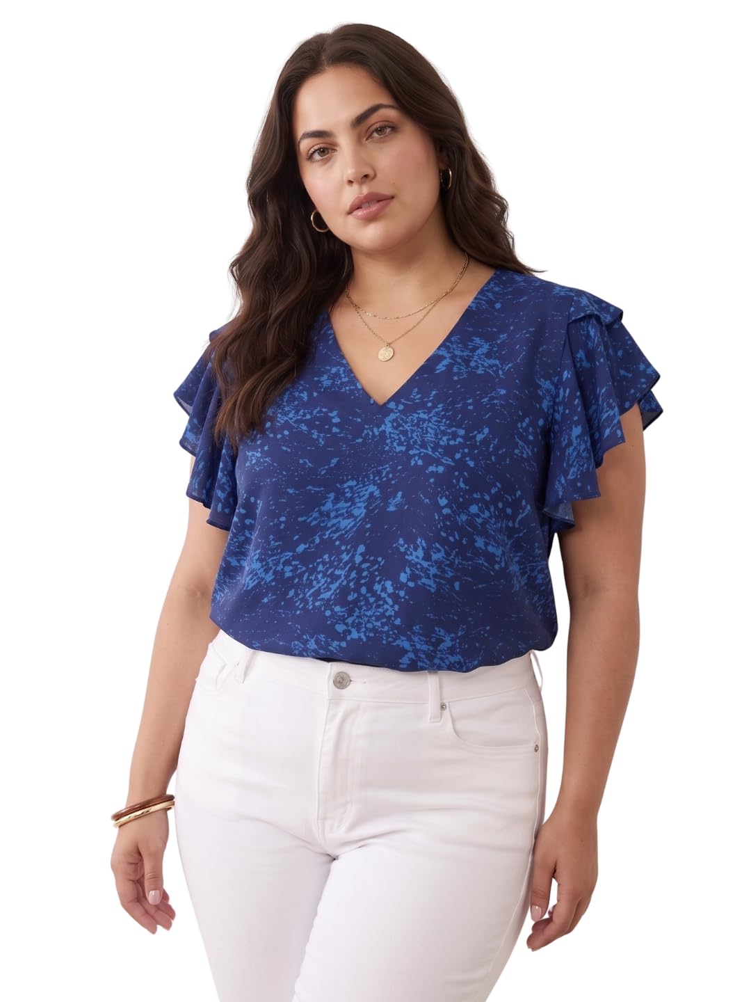 unstd Women Plus Size Printed Flutter Sleeve V Neck Top Regular Fit Casual-picture-45