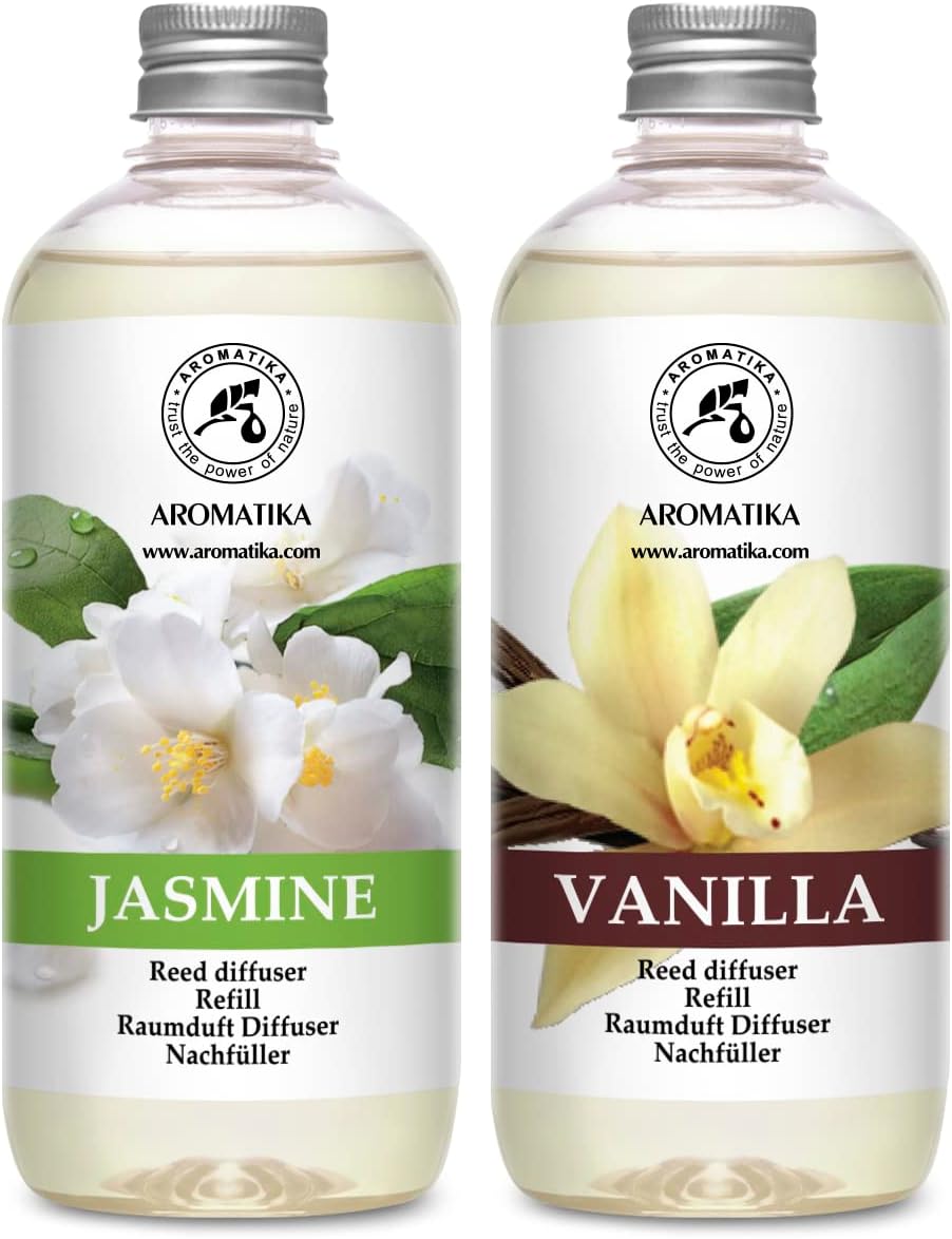 Reed Diffuser Refill Set Vanille & Jasmine with Jasmine Essential Oil 34 Fl Oz - 2 x 500ml - Fragrance Oil Reed Diffuser Refill - Room Freshener - Floral Fragrance