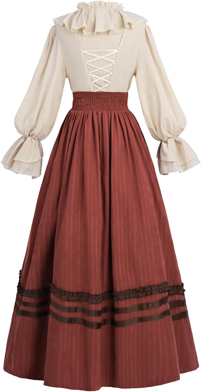 LTAKK Victorian Dress Women Edwardian Dresses 1800s Vintage Medieval Renaissance Costume 2-Piece