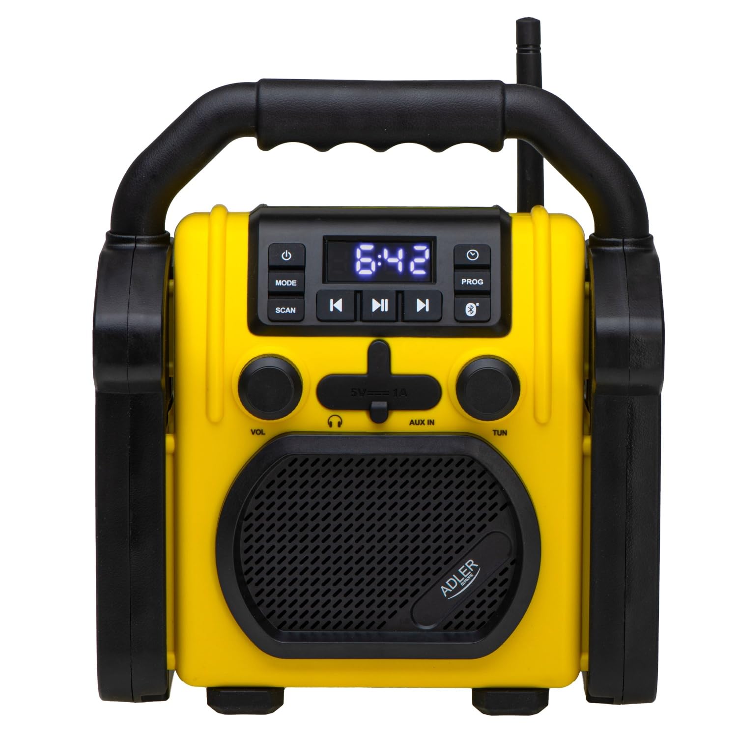 Adler AD 1911 - Radio para Obras con Bluetooth V 5.1, Dual Power (batería y Red) IPX54 Protección contra el Polvo y el Agua, AUX y Conector para Auriculares, diseño Robusto, 10 W, Amarillo/Negro