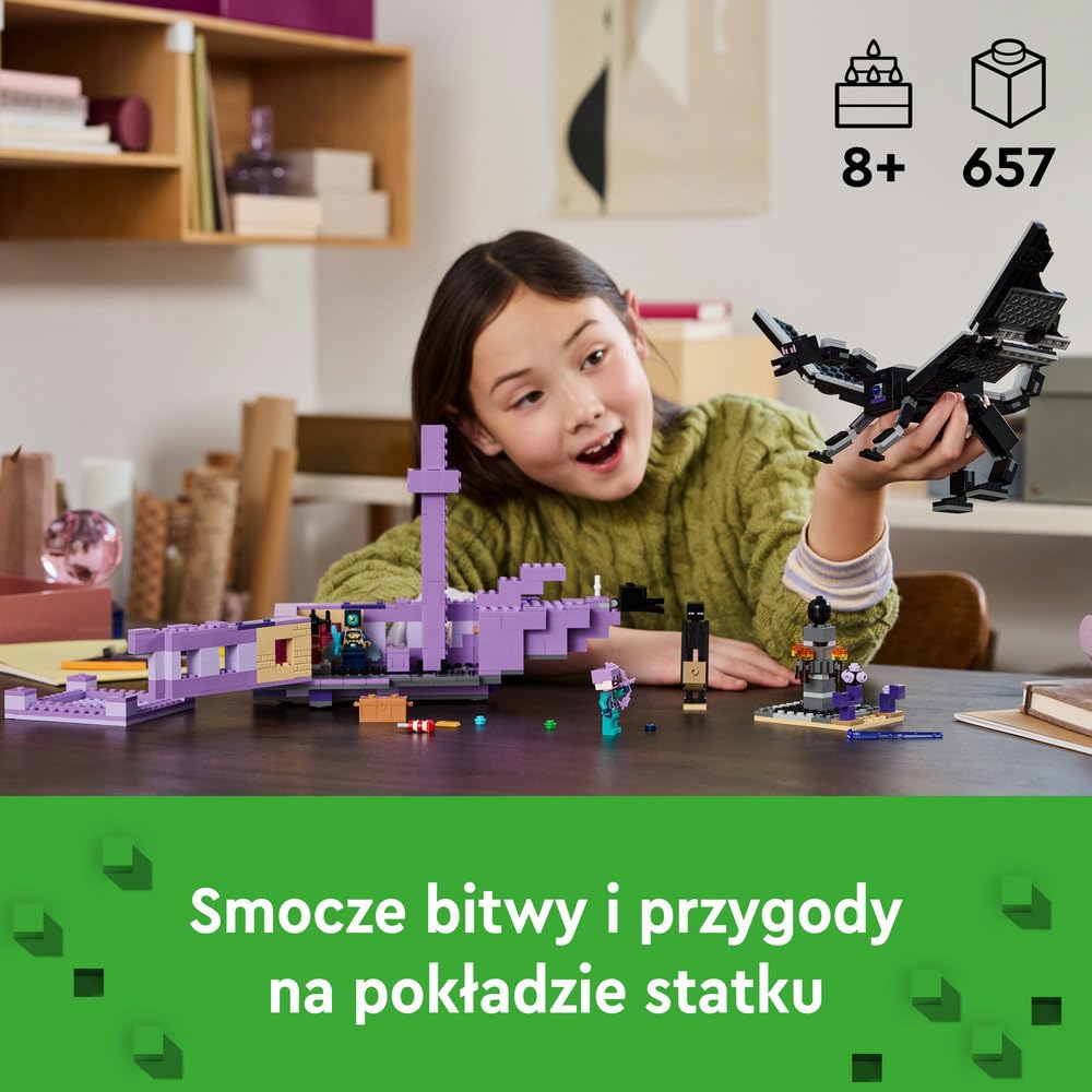LEGO Minecraft Smok Kresu i statek Kresu, Kreatywna Zabawka dla 8-latka do Zbudowania, Zestaw dla Chłopca i dla Dziewczynki z Figurką Endermana, Prezent dla Dziecka i dla Graczy, 21264