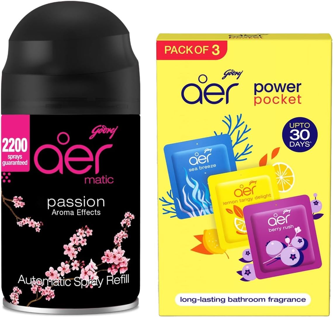 Matic Refill - Automatic Room Fresheners | Passion | 2200 Sprays Guaranteed (225ml) & Godrej Aer Power Pocket| Assorted Pack of 3 (30g)