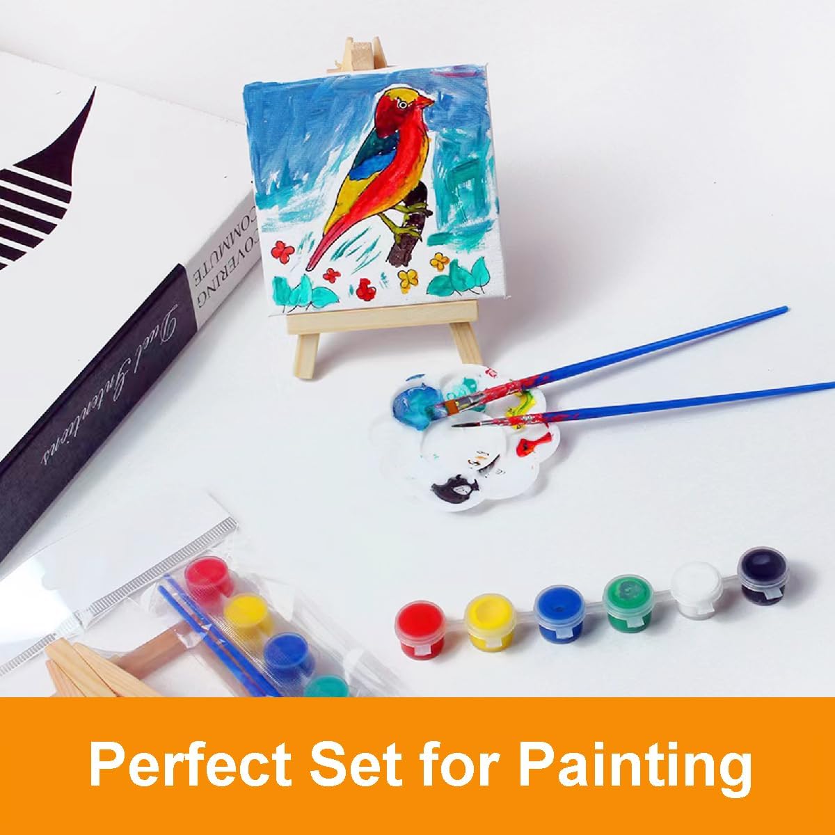 50 Pack Mini Canvas with Easel Bulk, 4 x 4 Inch Mini Canvases for Painting with Wood Easels, Small Canvas and Easle Set for Painting Crafts