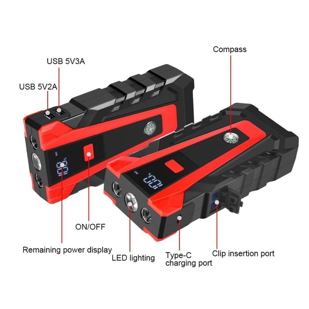 Klack Arrancador de Batería Portátil 12V 14000 mAh con Power Bank | Linterna LED 3 Modos, USB Tipo C Carga Rápida, Brújula Integrada, Pinzas Inteligentes, Estuche Incluido