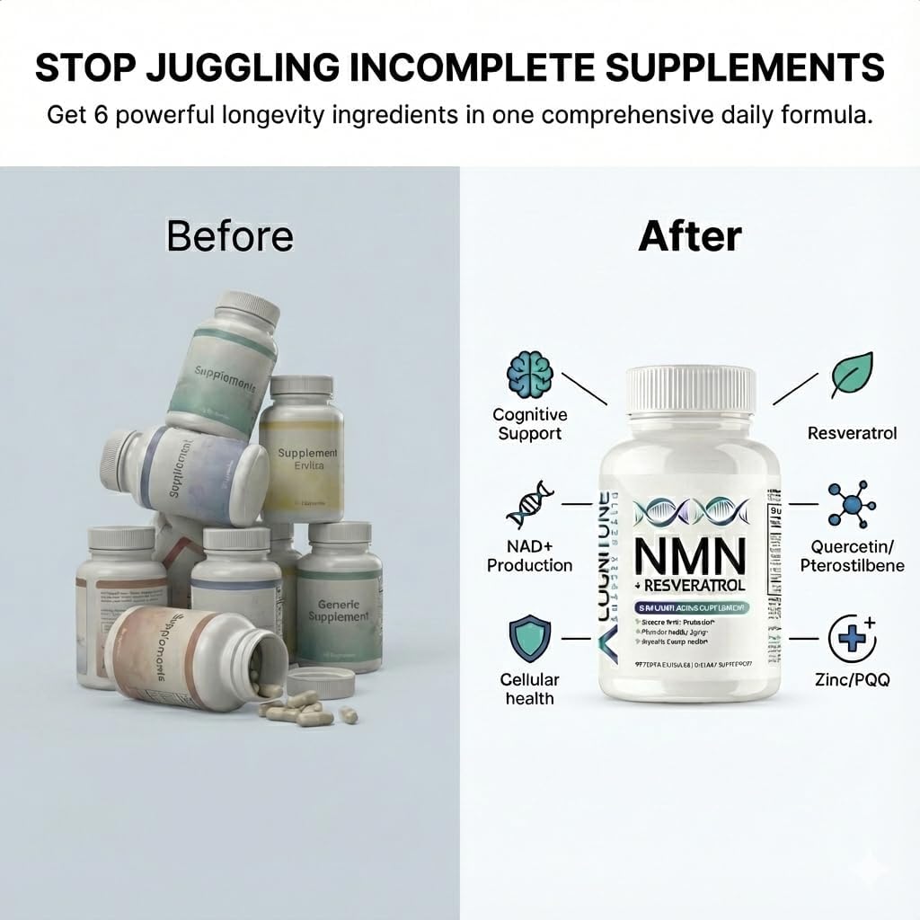 CogniTune NMN Supplement - NMN with Resveratrol, Pterostilbene, Quercetin, Zinc & PQQ for NAD+ Cellular Energy - Longevity Support for Healthy Aging & Brain Function, 1115mg