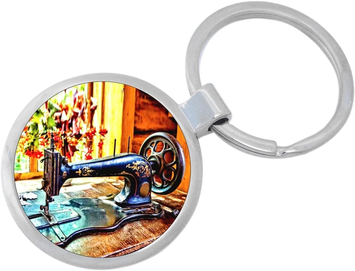 Vintage Sewing Machine Birds Keychain Featuring Loop for Keys or Backpack