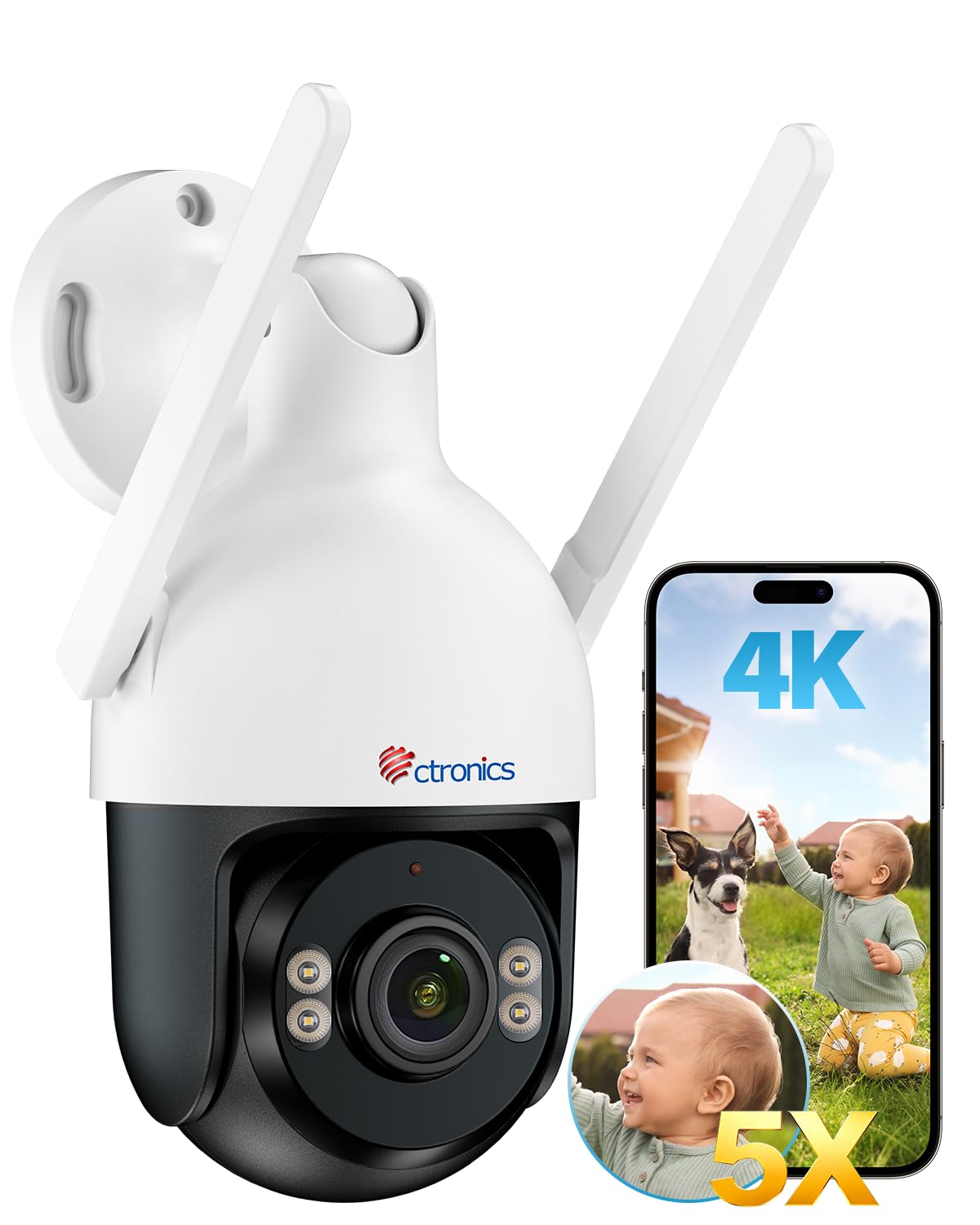 Ctronics Wifi Security Camera for Outdoor [Double Lens], 2.4/5GHz Wifi & PoE IP Camera, PTZ Camera with Human Detection & Auto Tracking, Color Night Vision, PC/Cloud/TF, IP66