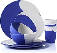 Vista 4 de MORGIANA Juego de vajilla de bambú reutilizable de 8 piezas, platos para acampar con cuencos de bambú y platos para 2 (color azul)