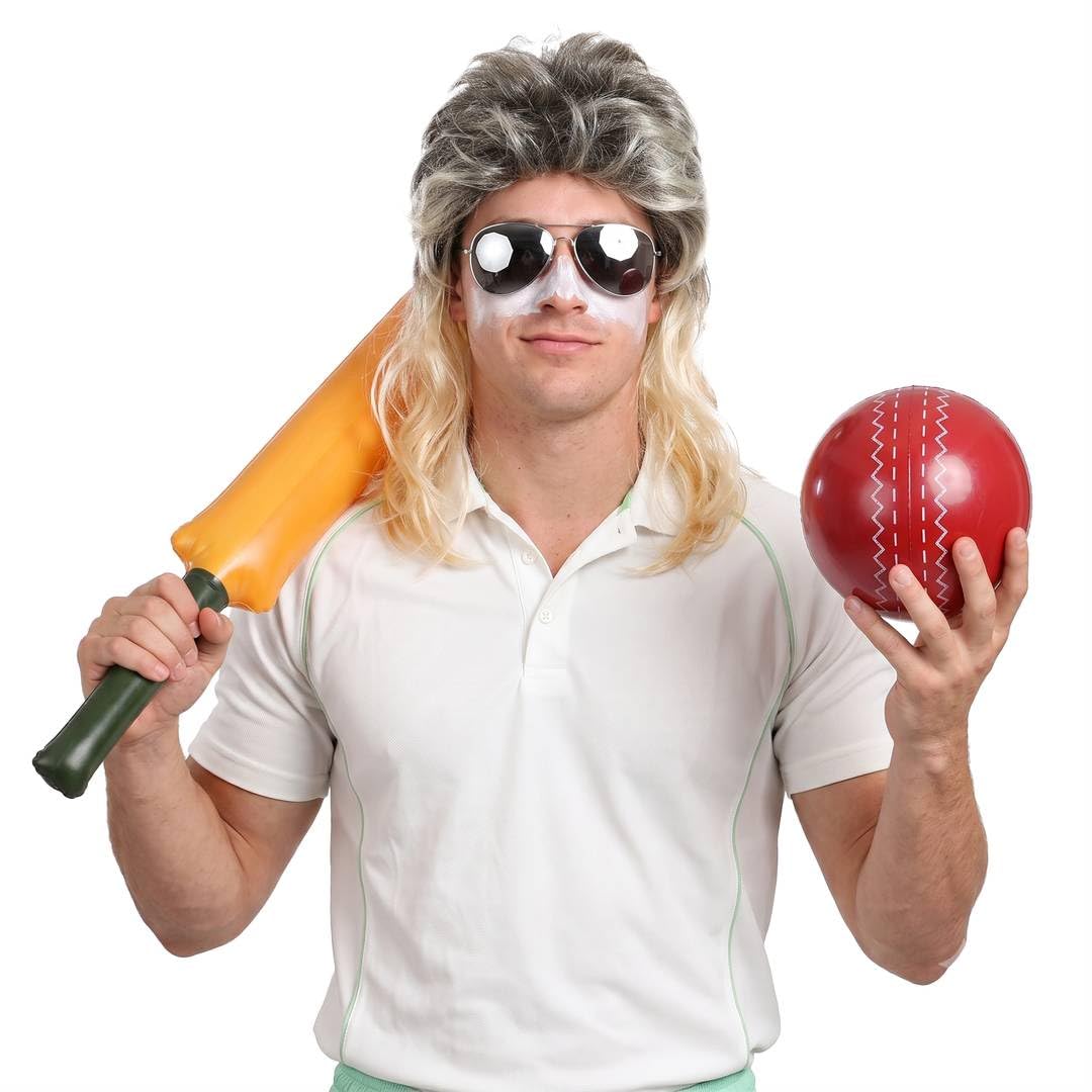 Australian Cricketer Costume Face Paint Wig Glasses Inflatable Bat & Ball