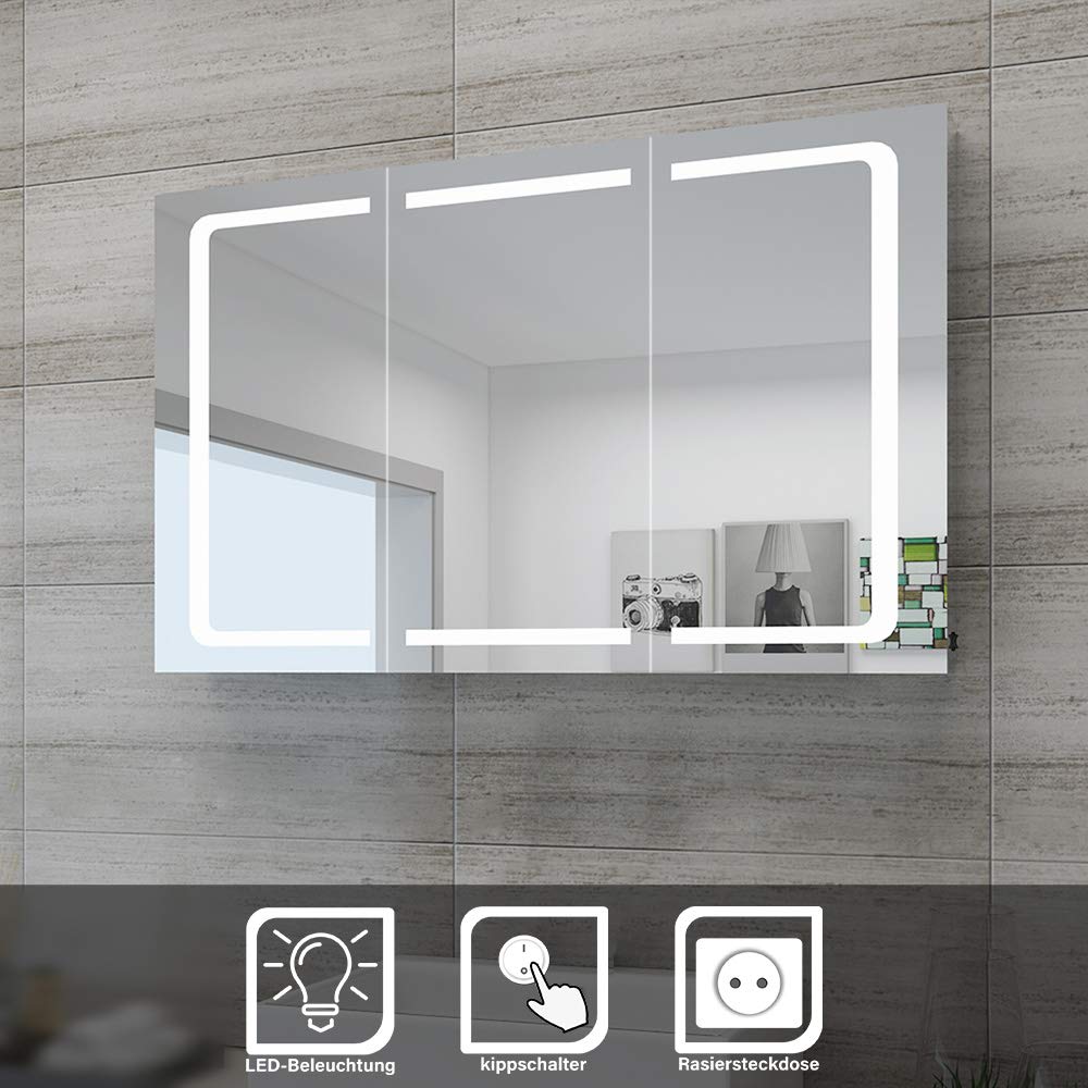 SONNI Szafka z lustrem LED, 105 x 65 x 13 cm, lustro łazienkowe, szafka ścienna, szafka łazienkowa z oświetleniem i gniazdkiem