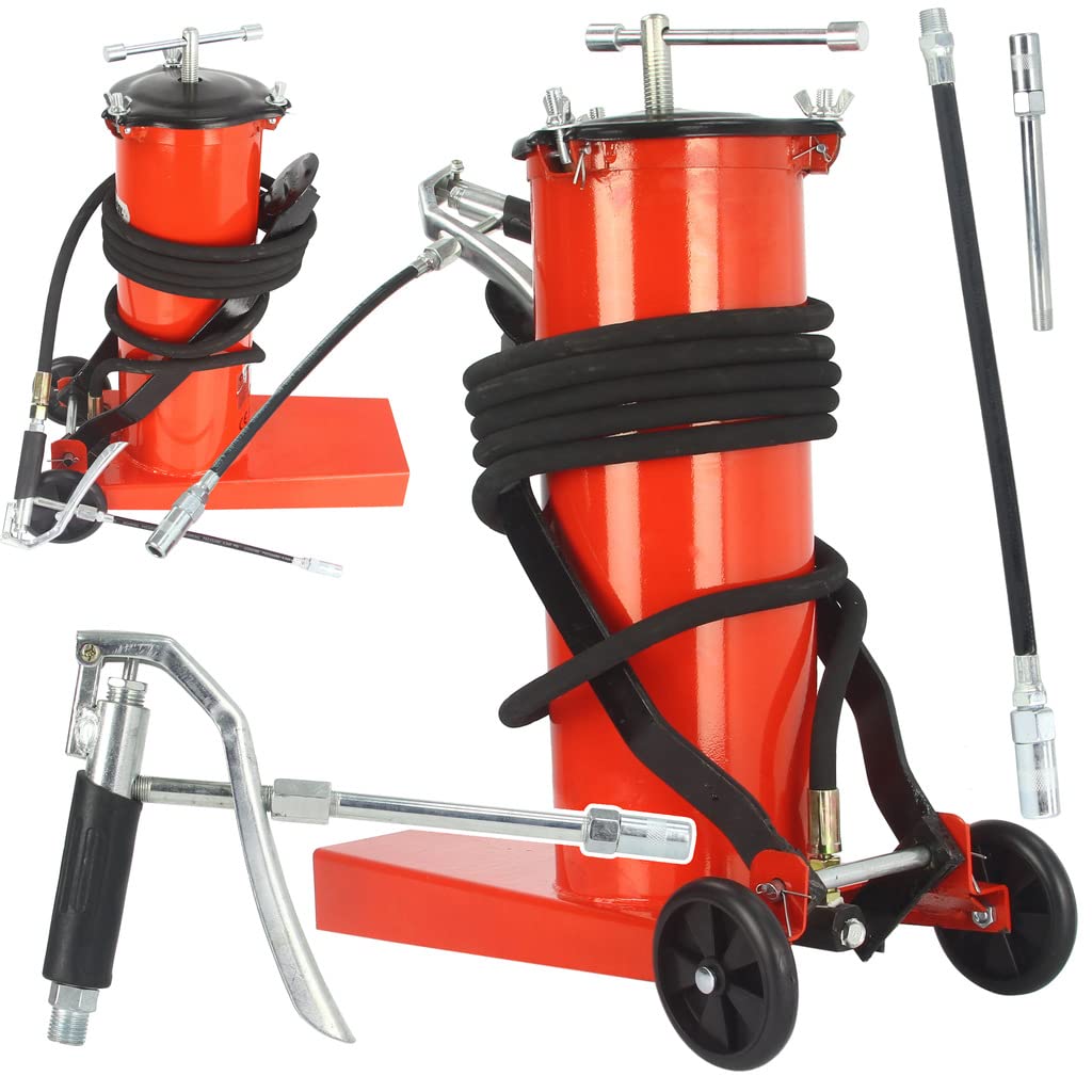 Ingrassatore Pneumatico a Barile 6L 360 Bar Lubrificatore Grasso a Pedana Tubo 4m | con Ruote | Azionamento Leva | 2 estremità Rigida e Flessibile