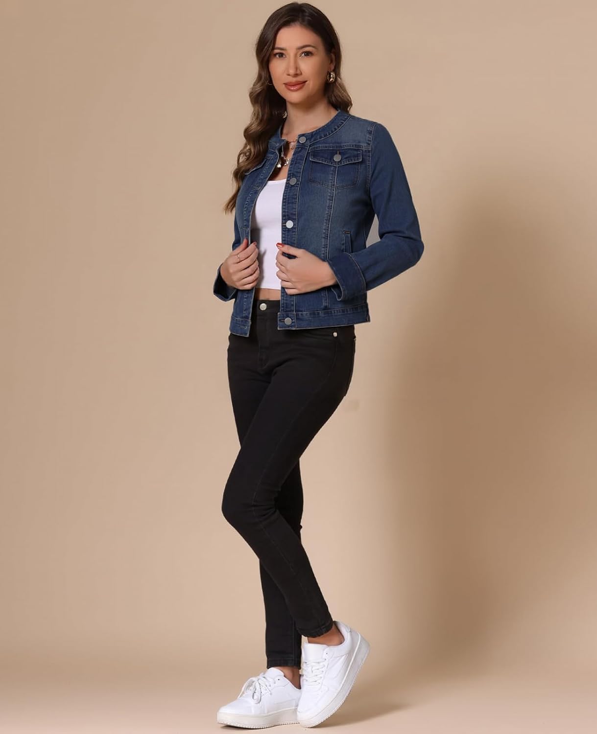 Unifizz Women's Jean Jacket Collarless Round Neck 2025 Button Down Long Sleeve Stretchy Denim Jackets - Image 6