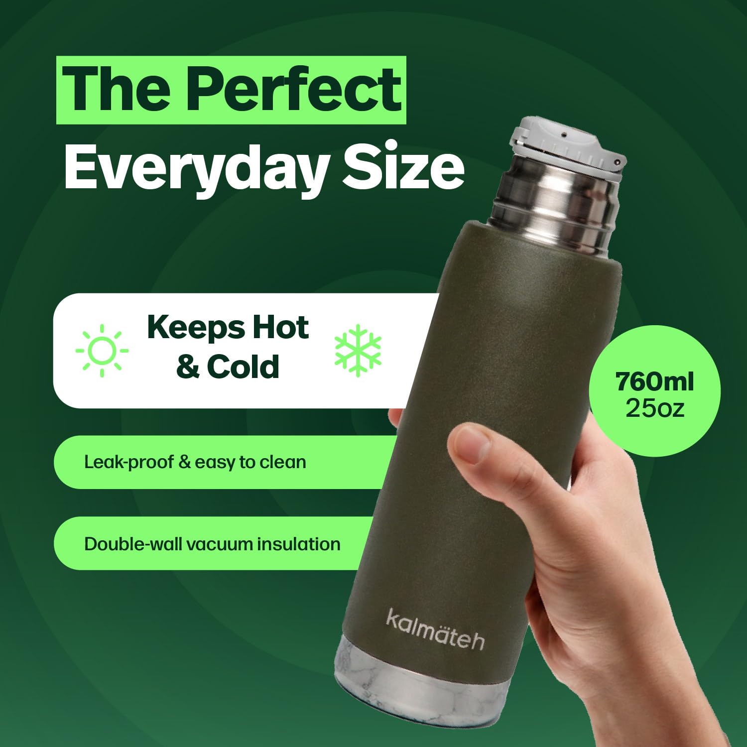 KALMATEH Termo de acero inoxidable con aislamiento al vacío de doble pared (760 ml), vertido preciso y retención de calor, para yerba mate, café, té, camping (verde militar)