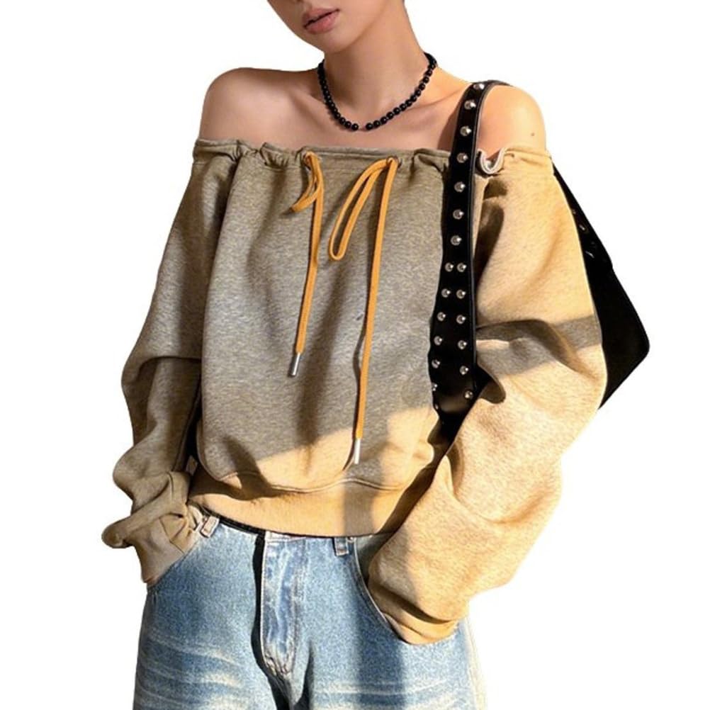 Bluza Damska z Odkrytymi Ramionami I ściągaczem Krótki Top w Stylu Retro z Długim RęKawem I Gradientem Modna Na Jesień