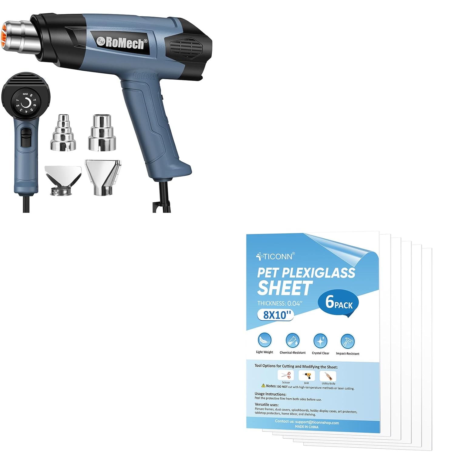 ROMECH Heavy Duty Fast Heating Heat Gun PET Plexiglass Sheets 6 Pack 8 10