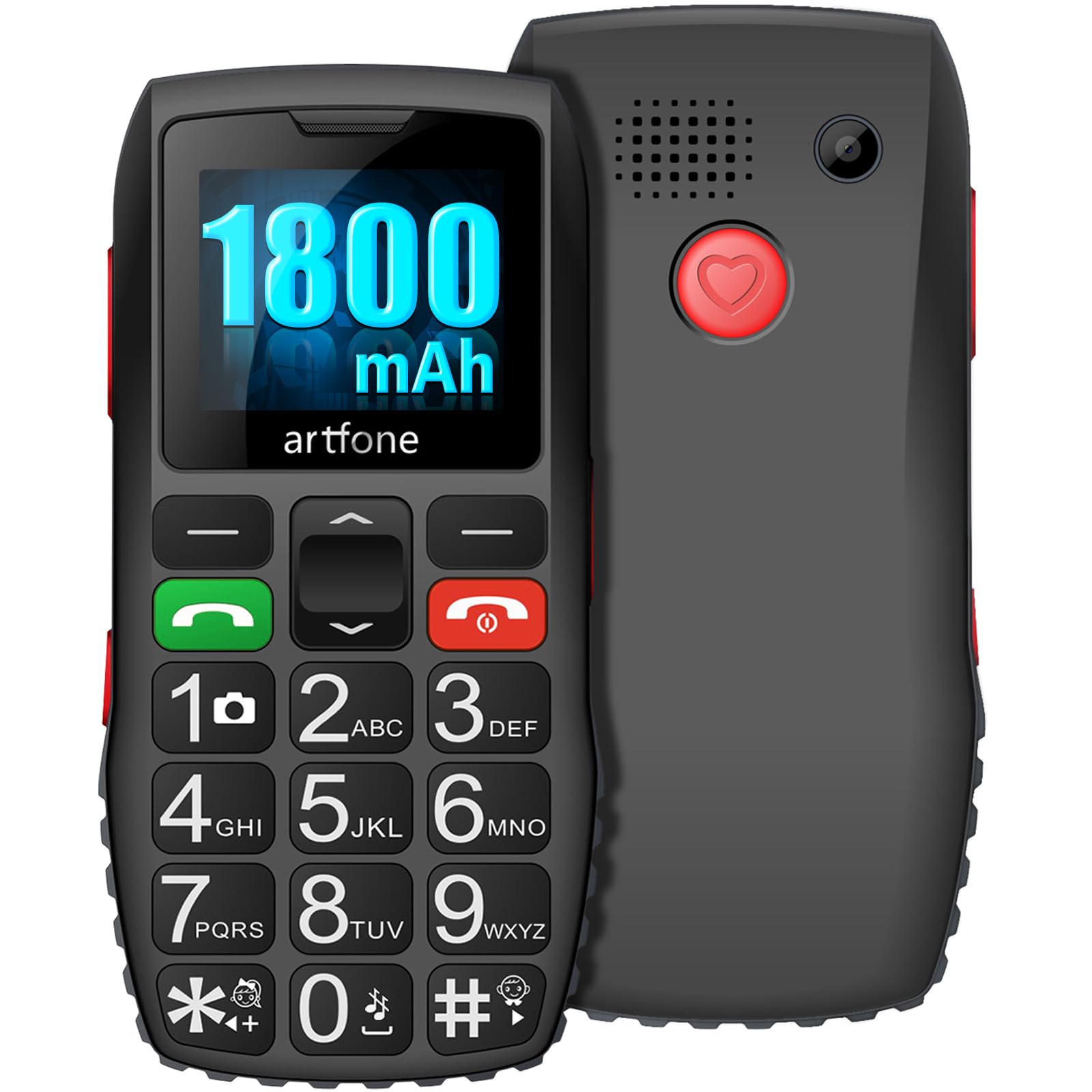 artfone C1Telefono Cellulare per Anziani con Tasti Grandi, GSM Senior Telefoni per Persone Anziane, Funzione SOS, Volume Alto, 1800mAh, Dual SIM, Fotocamera, Torcia Elettrica,Nero