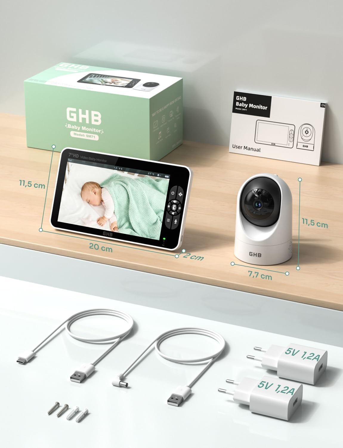 GHB Babyphone mit Kamera 7 Zoll 1080P IPS Display 168 Stunden Akkulaufzeit im VOX Modus 4X Zoom Max. 4 Kameras unterstützt Gegensprechen
