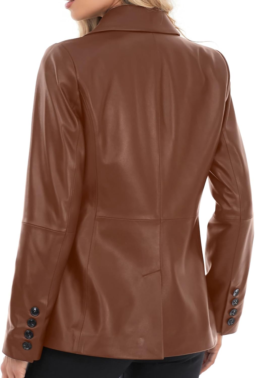 SILVER FASHIONS Lambskin Leather Jacket Women,Long Sleeve Button Front Leather Blazer,Notched Lapel Casual Style,Vent Detail - Image 3