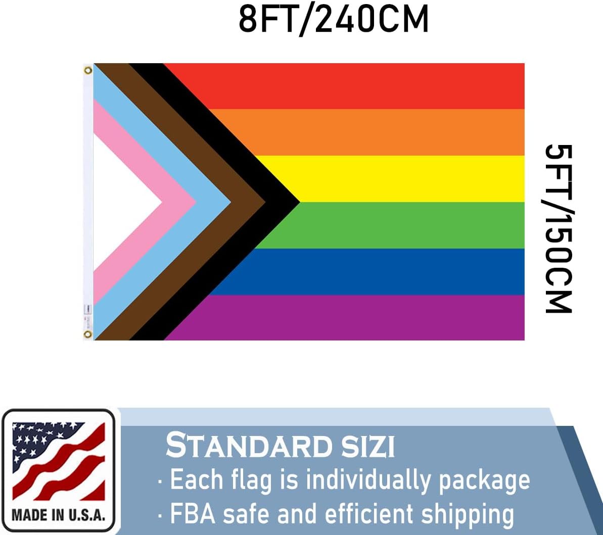 Progress Pride LGBTQ Flag 5x8 FT Made in The USA- Heavy Duty Vibrant Colors Double Sided All Inlcusive Gay Pride Rainbow Flag with 3 Brass Grommets for Home/Company/Indoor Outdoor Decoration