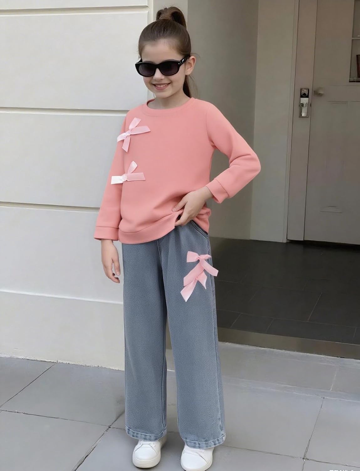 Kids Toddler Girl Long Sleeve Bow Sweatshirt & Denim Straight Leg Jeans Pants Fall Winter Outfits Set Pink 7-8 Years image 4 of 9 B0F9F5YWMB