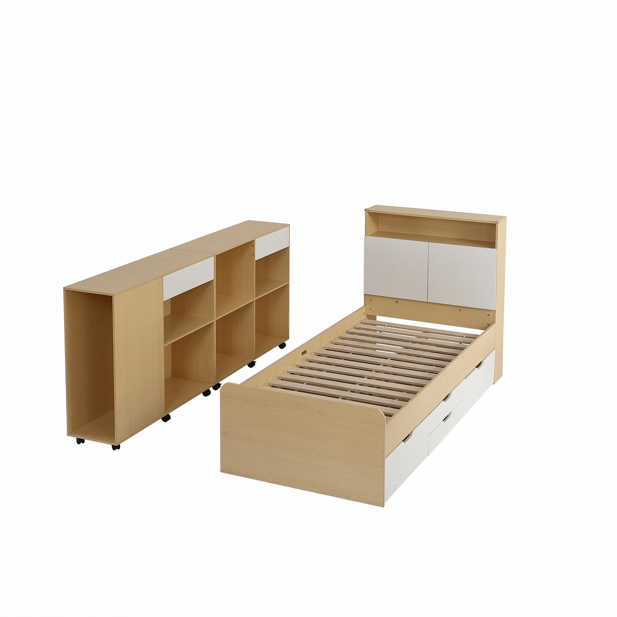 Set completo per camera da letto, camera dei ragazzi, letto singolo 90 x 200 cm + armadi, letto per ragazzi, letto a pannello con 4 cassetti, 2 armadi con ruote sul pavimento, MDF + truciolato, bianco
