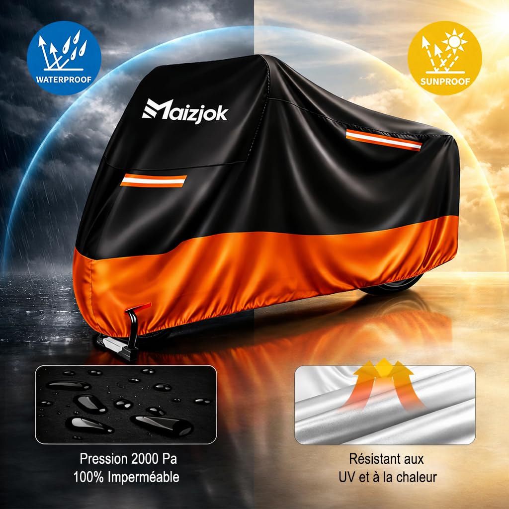 Maizjok® Bache Moto Exterieur Etanche, Housse Moto Impermeable Interieur 210D Protection au Pluie poussière UV Hiver Été, Couverture pour Scooter Mobylette Moto Trail/Street/Scrambler (245x105x125cm)
