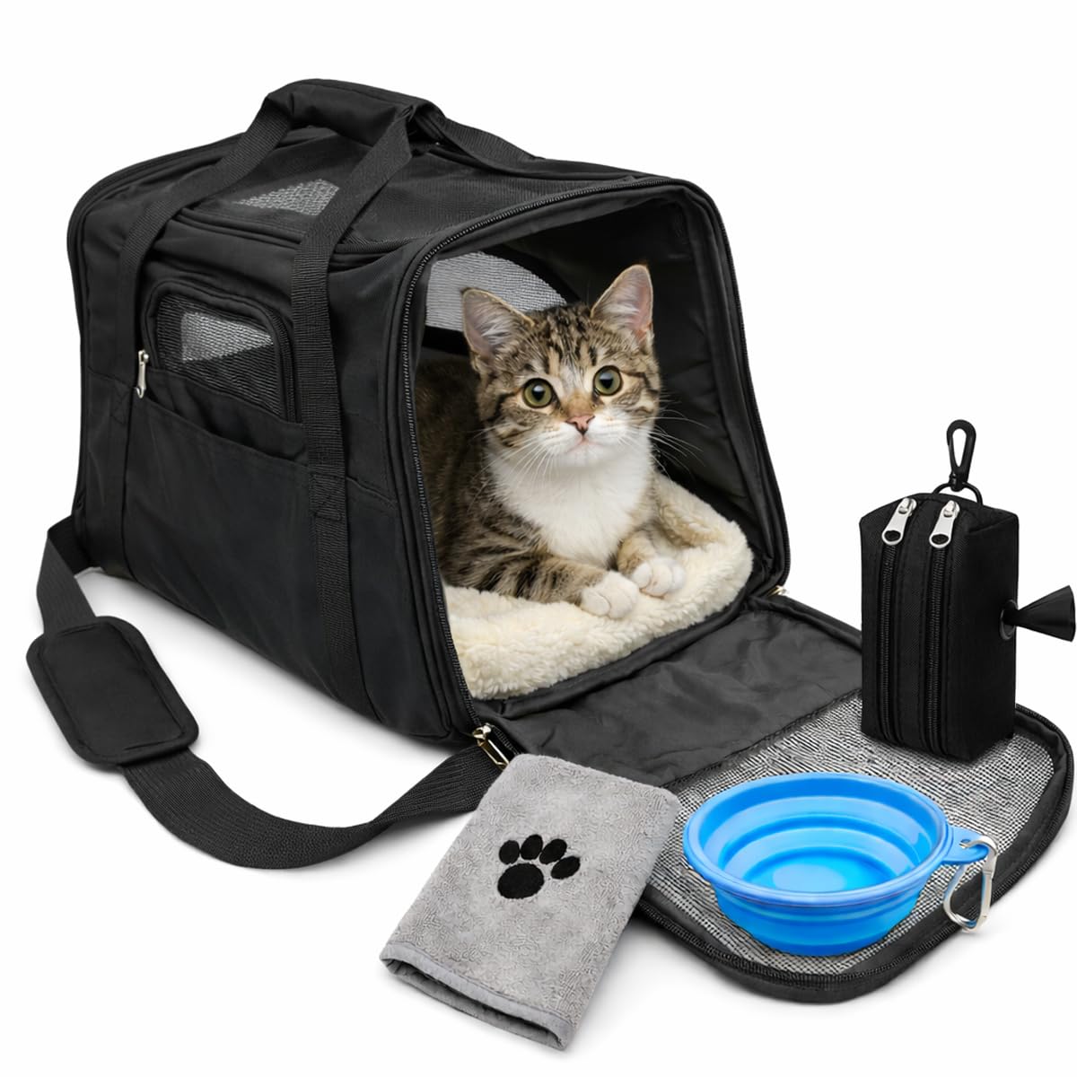 Transportin Cat with 360° Ventilation and Soft Mattress, Includes Travel Kit with Folding Plate, Towel and Bag Holder, Safe for Car or Airplane Cabin, Transport Small Dog | Black