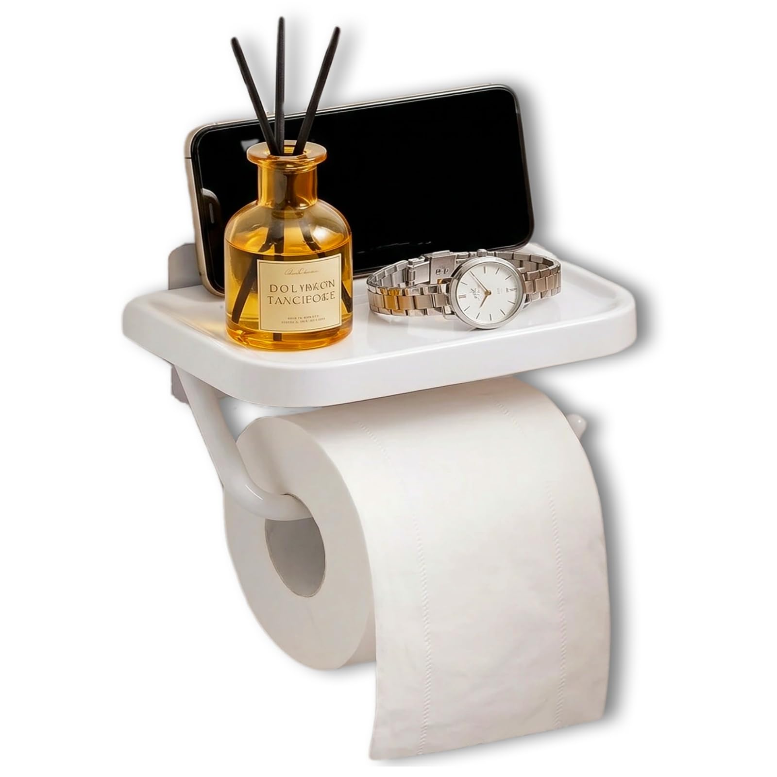Self Adhesive Toilet Roll Holder with Phone Shelf, Toilet Paper Holder, 6.89 x 4.29 x 2.76 inches Wall Mounted Toilets Paper Roll Holders for Bathroom Kitchen (White)