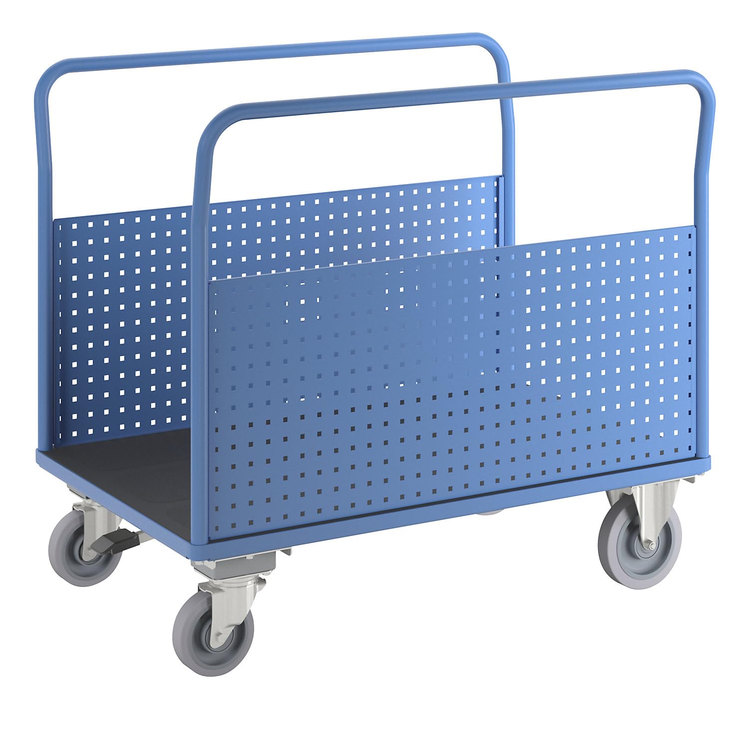 eurokraft pro | Plattformwagen | Mit 2 Lochblechseitenwänden, LxB 1250 x 800 mm, mit Zentralstopp, Vollelastik