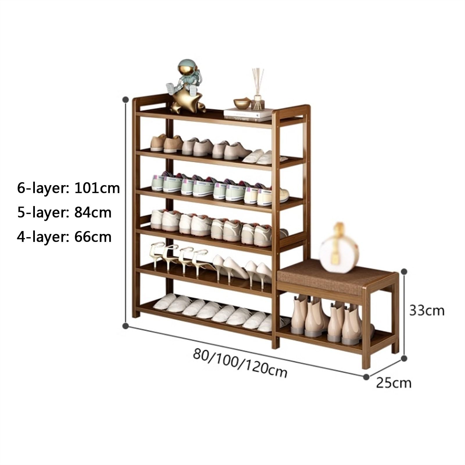 RENEESME Shoe Rack Shoe Rack with Bench, Entryway Bamboo Shoe Bench, Organizer Rack with Storage Shelves and Seat Cushion for Entryway Hallway Shoe Organizer Rack(120x25x101CM)