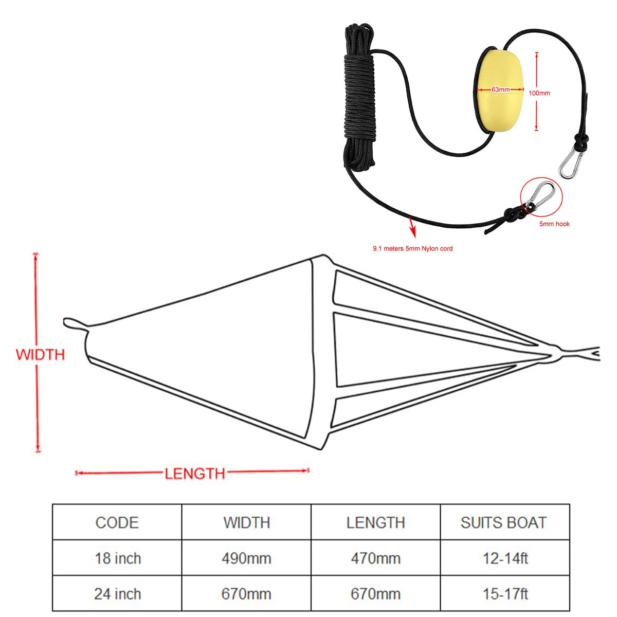 18-Zoll-Bootsanker-Schwimmset, PVC-Traktionsanker-Driftsocke, 18-Zoll-Driftanker-Schleppseil-Wurfleine für Boot-Drift-Bremsschwimmer-Set