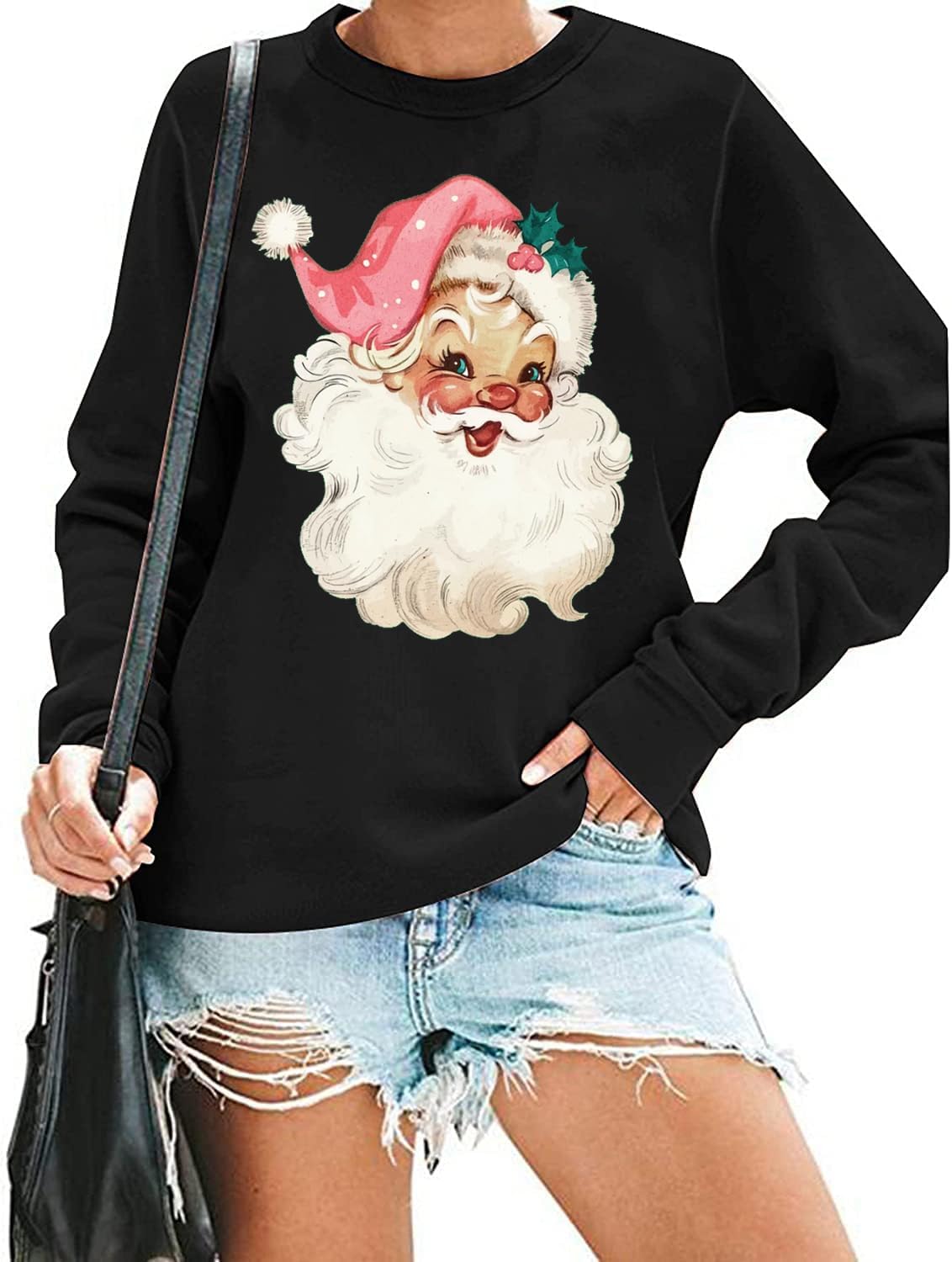 RFBIQI Pink Santa Christmas Sweatshirt for Women Retro Santa Claus Graphic Shirts Funny Xmas Gift Top Casual Holiday Pullover