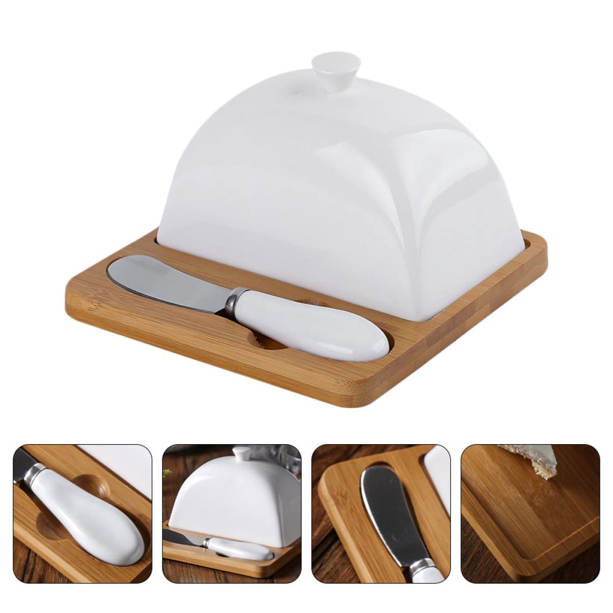 MAGICLULU Beurrier en Céramique avec Couteau et Couvercle – Plat à Beurre 15 Cm en Porcelaine Semi-artisanale – Vaisselle Ménagère pour Maison – Rangement Beurre et Fromage – Set 3 Pièces
