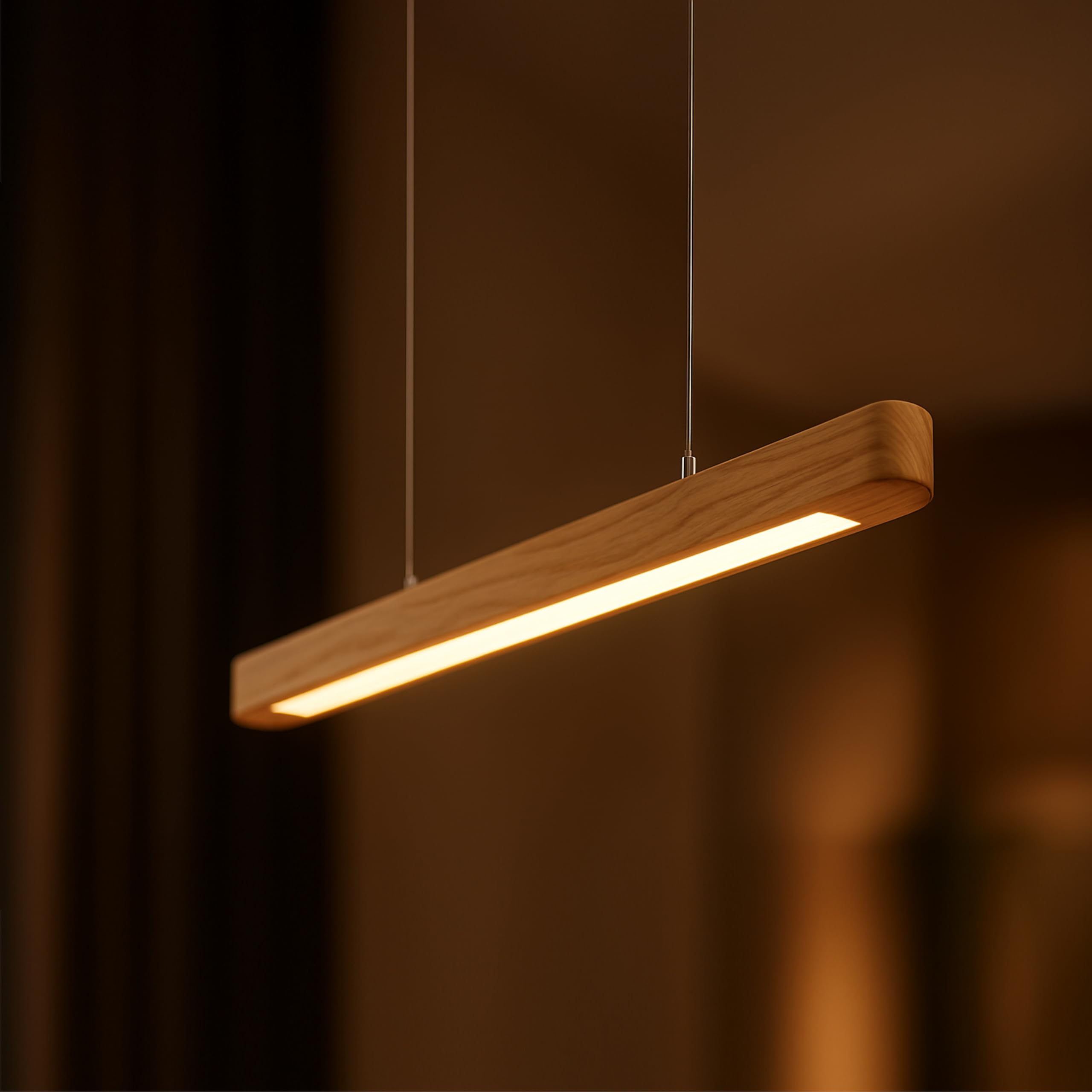 DE LUZEX Riux Flow Linear Wooden Pendant Light | Slim Ceiling-Suspended Lamp with Switchable White Ambience | Natural Pine Wood Hanging Light for Dining Table & Kitchen Island-image-43