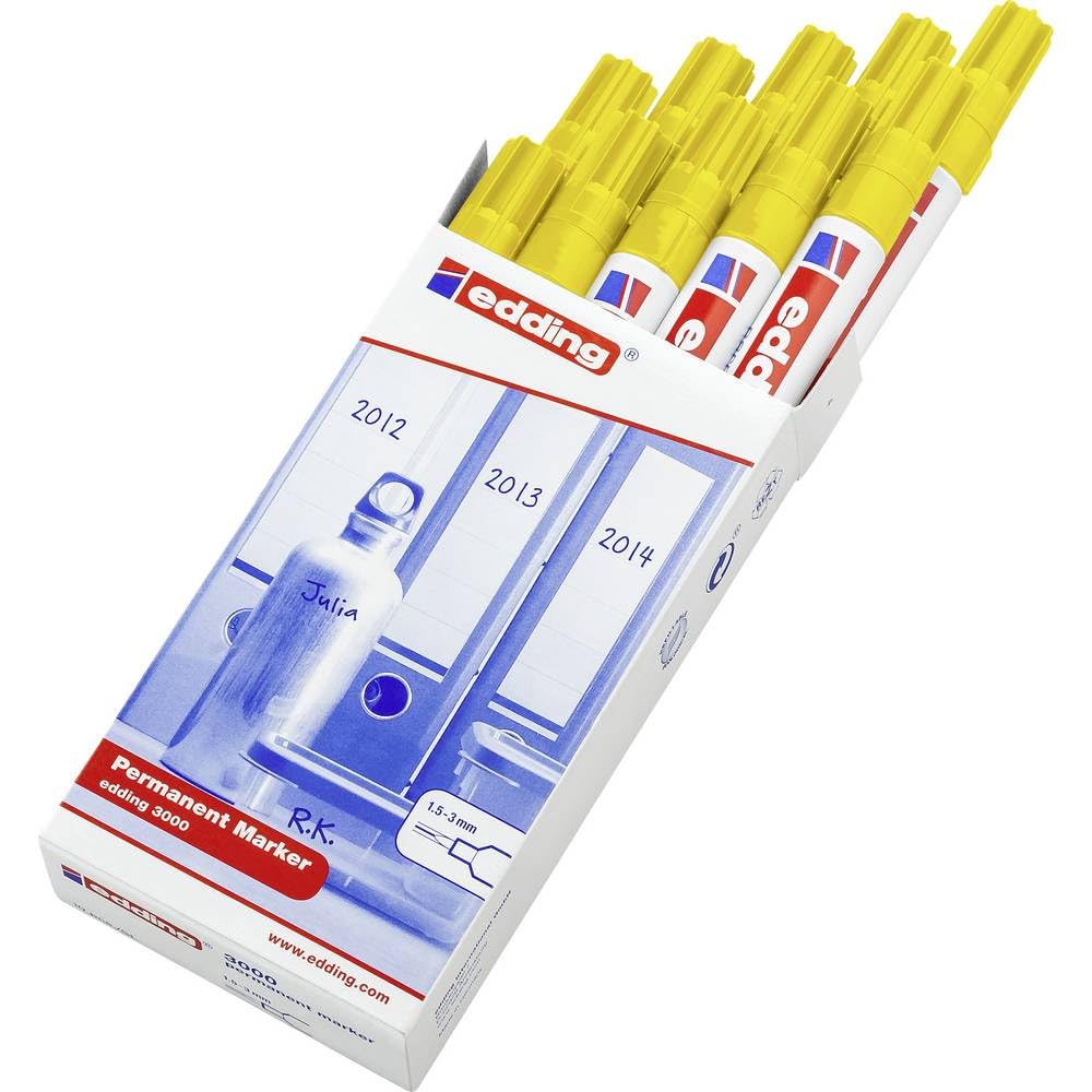 edding 3000 permanent marker - yellow - box of 10 - round tip 1.5-3 mm - quick-drying permanent markers - waterproof, smudge-proof - for cardboard, plastic, wood, metal, fabric - marker pens