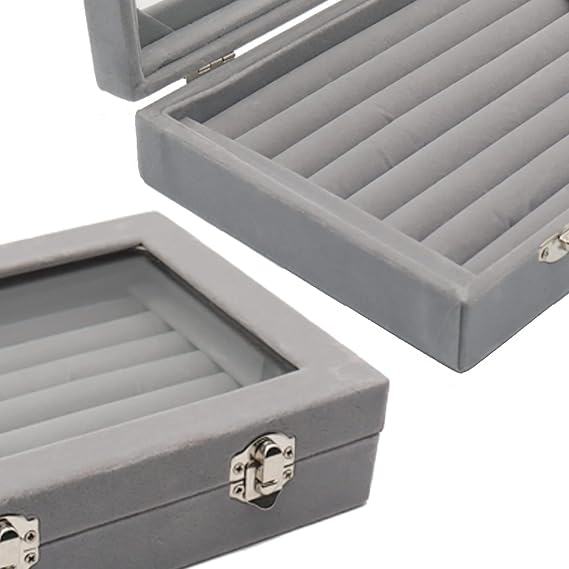 ReaJoys Ring Box, Ring Holder Boxes For Jewellery Ear Ring Box For Storage Jewellery Organiser Earring Holder Ring Boxes For Women 7 Slots Velvet With Glass Windows (Grey)