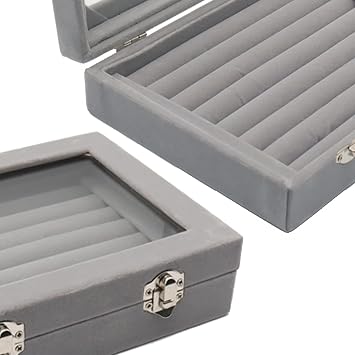 ReaJoys Ring Box, Ring Holder Boxes For Jewellery Ear Ring Box For Storage Jewellery Organiser Earring Holder Ring Boxes For Women 7 Slots Velvet With Glass Windows (Grey)