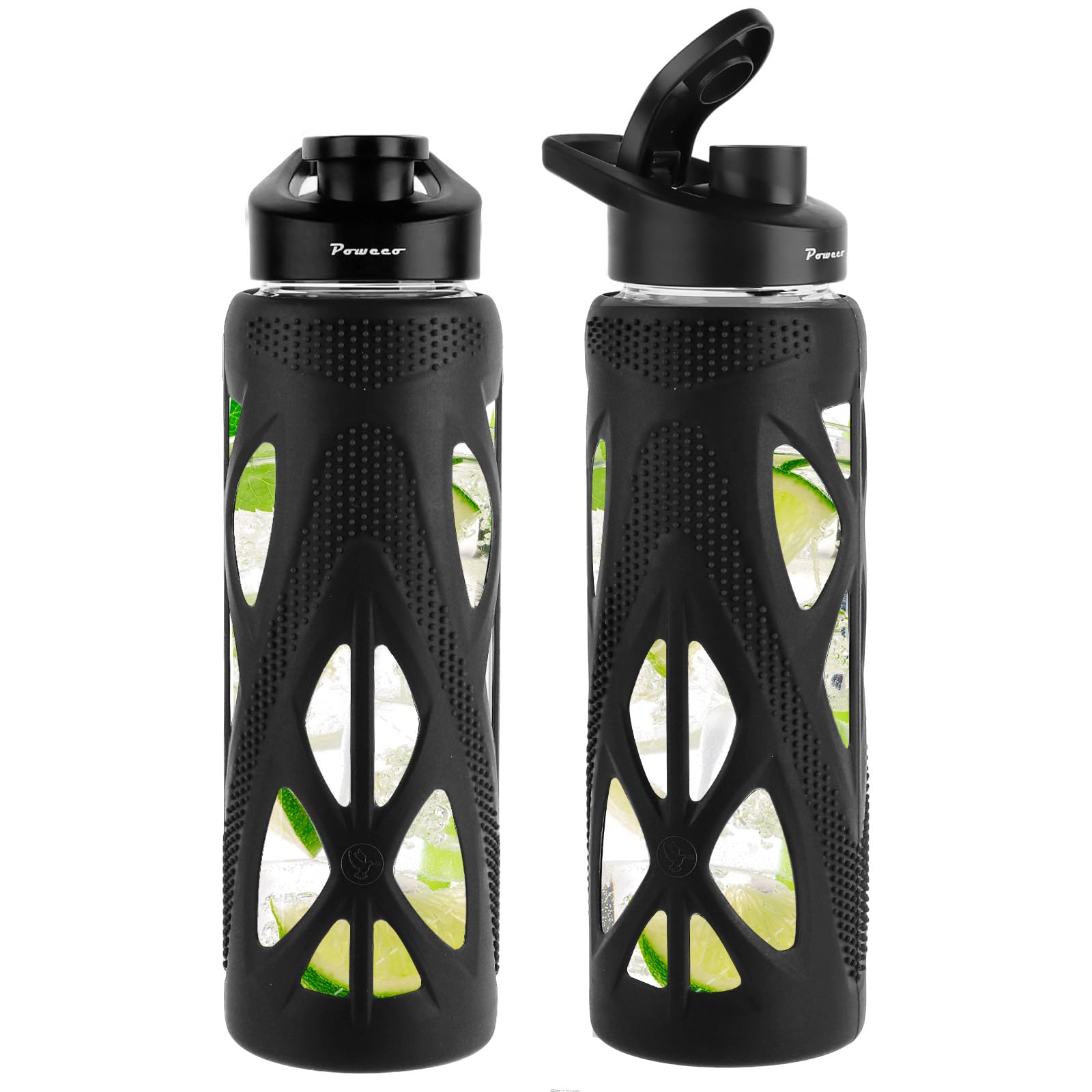 poweco Trinkflasche Glas 700ml [Bruchsicher & Auslaufsicher] - Sportflasche aus Borosilikatglas mit Silikonhülle & Tragegriff - BPA-Frei, Glasflasche für Büro, Yoga & Fitness - Schwarz