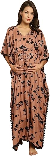 Secret Wish Women Brown Floral Rayon Floor Length Maternity Kaftan/Free Size/Feeding/Nursing/Zipper/Drawstring