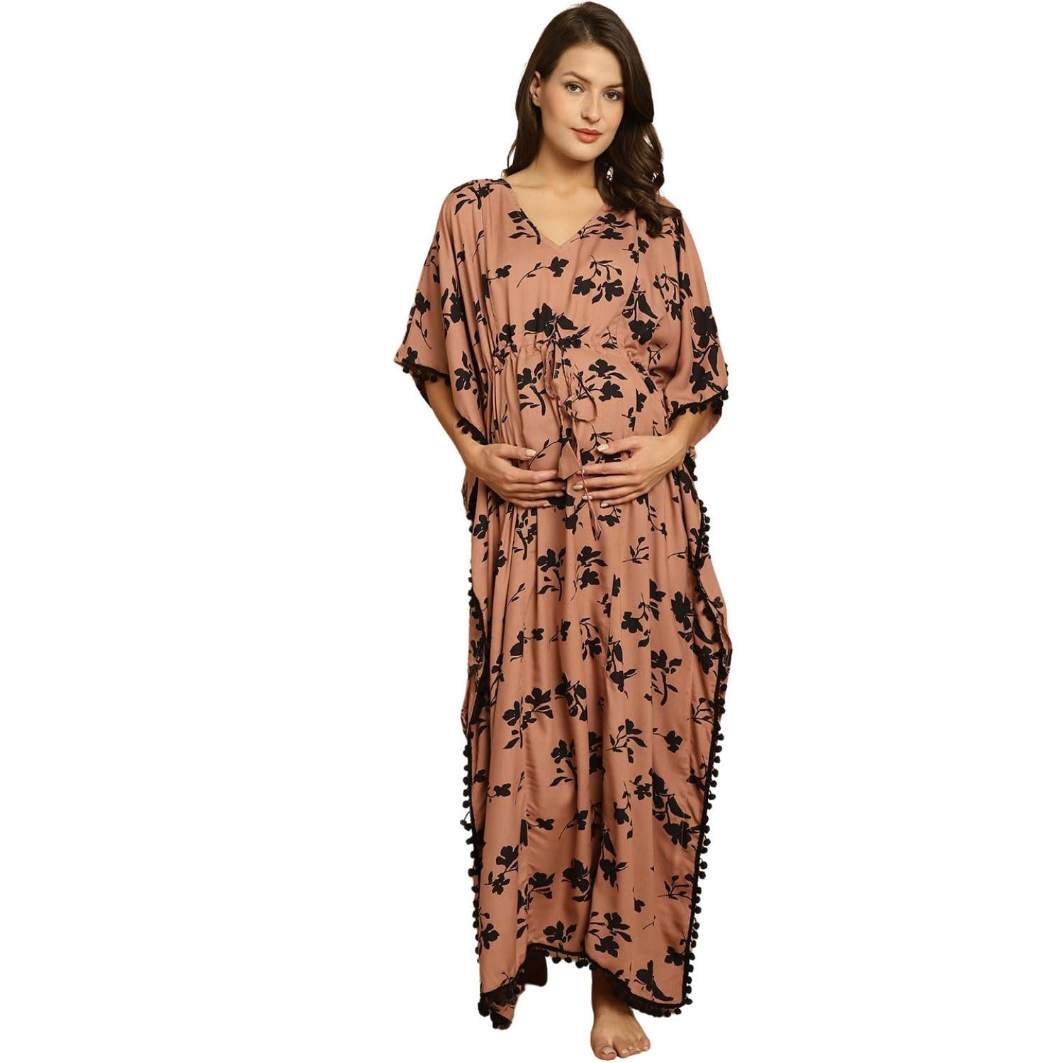 Women Brown Floral Rayon Floor Length Maternity Kaftan/Free Size/Feeding/Nursing/Zipper/Drawstring