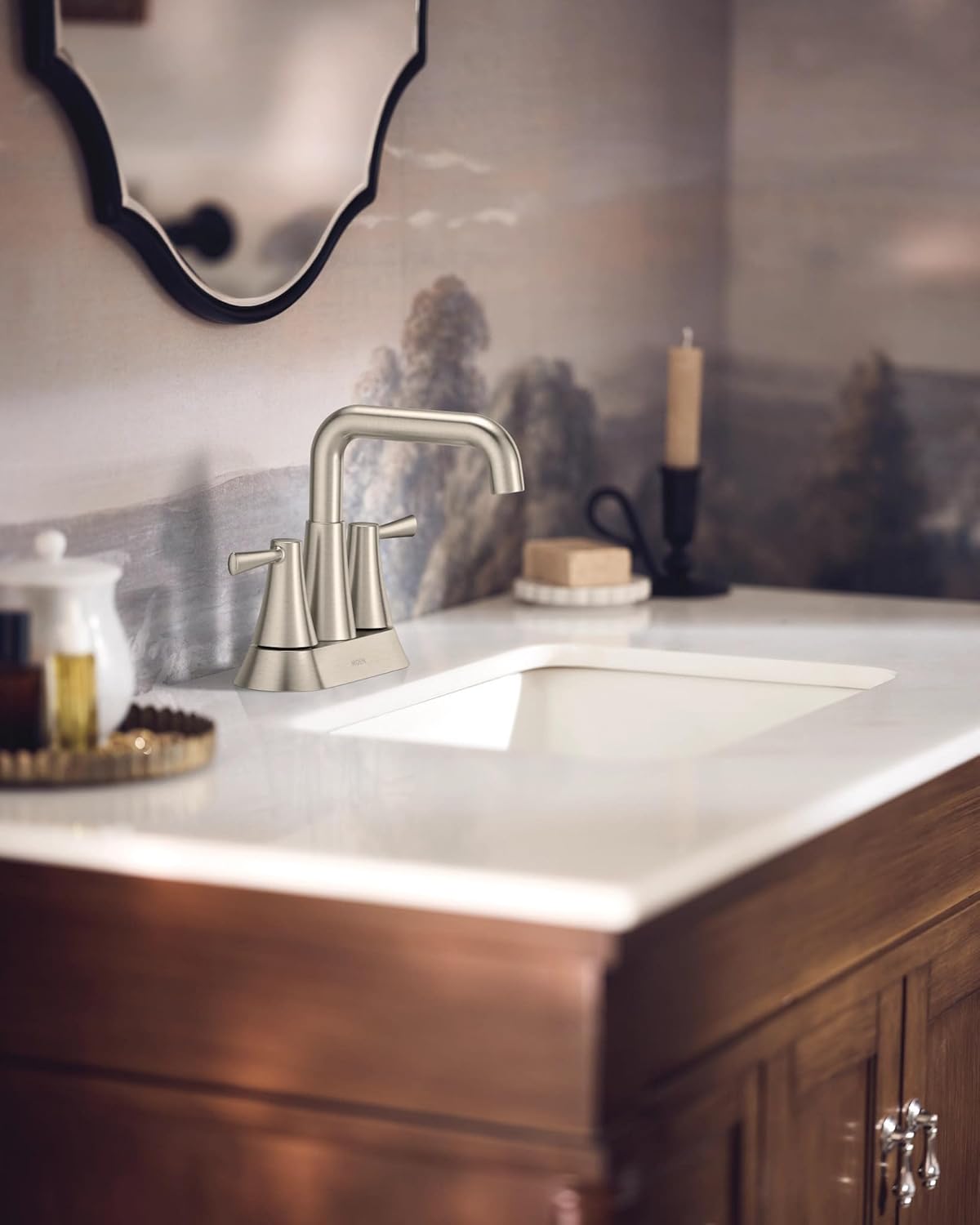 Moen Ronan Spot Resist Brushed Nickel Two-Handle 4 in. Centerset Modern Double Bend Bathroom Faucet with Push-Down Drain, 84025SRN