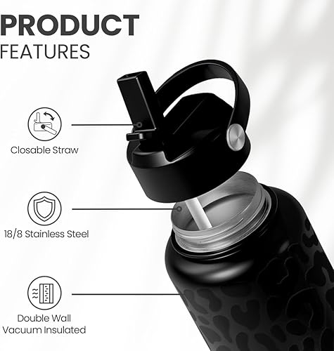Miniatura 2 de Botella de agua de leopardo de acero inoxidable de 32 onzas, doble pared aislada al vacío con tapa, botellas de agua con estampado de leopardo para