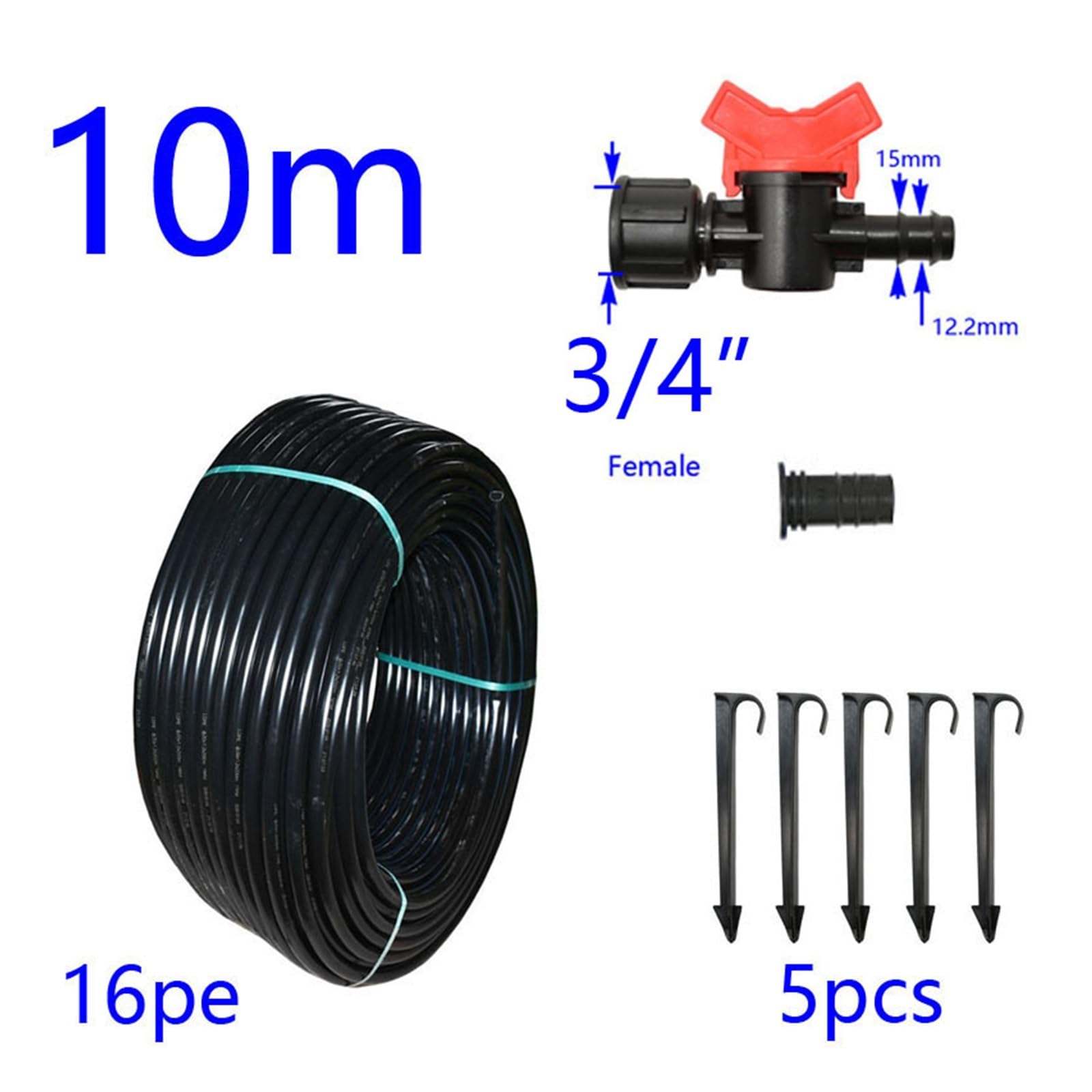 16 mm 20 mm PE-Rohr 5/8 Zoll DN15 mit Hahn LDPE-Rohr Gartenbewässerung Gewächshaus-Bewässerungsschlauch 10 m 15 m Lucky (Color : 16PE x10m x 3I4)