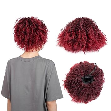JOEDIR HAIR Red Afro Puff Drawstring Ponytail Large Afro Buns for Black Women Synthetic Short Kinky Curly Afro Donut Chignon (Color: T1B/DARK RED)