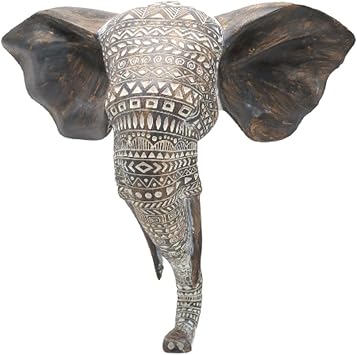 OTARTU African Elephant Wall Bust Sculpture 11 Tall Carved Noble Elephant Head Hanging Wall Decor Art Wooden Color