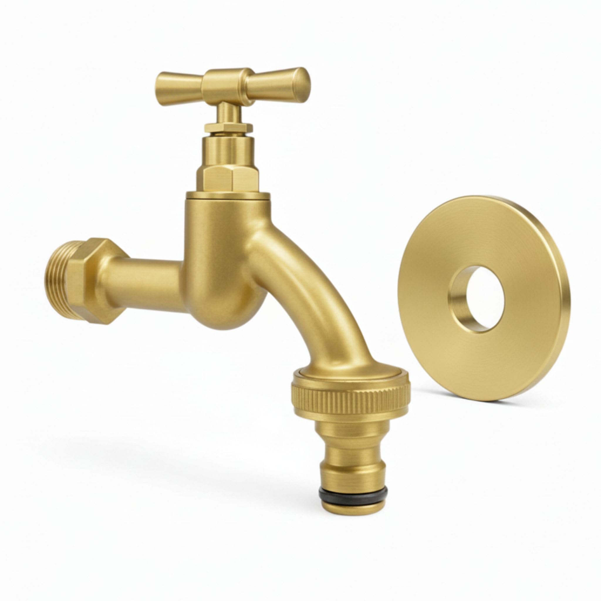LIVLIG Premium Wasserhahn Garten, Außenwasserhahn frostsicher mit Rosettengarnitur & Schlauchanschluss, Kaltwasserhahn aus Messing, Design Wasserhahn Gold mit matter Pulverbeschichtung