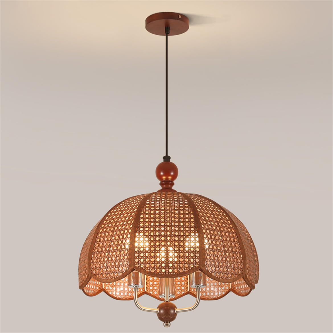 LQZCXMF 17.7" Rustic Brown Rattan Wabi-sabi Art Pendant Light Rattan Basket Lamp Shade 3-Light Retro Japanese Handmade Bedroom Ambient Lighting for Dining Room Bar Kitchen Island - Brown Color