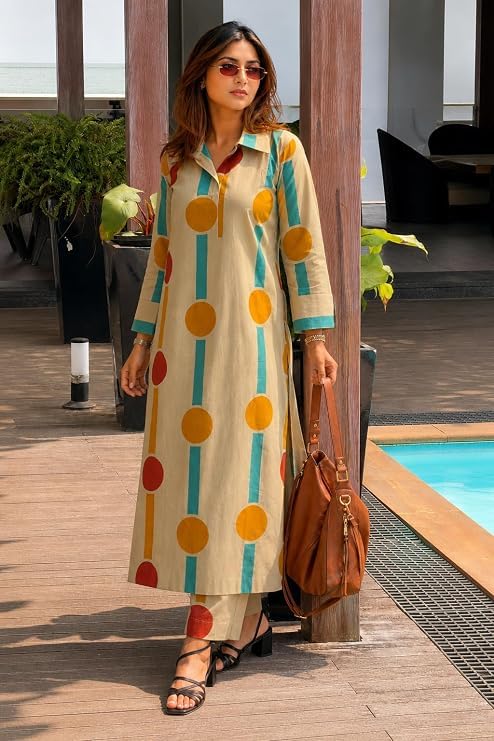 Image of ANNI Designer Cotton Blend Printed Straight Kurta with Pant for Women | Cotton Blend Beige | Full Sleeve | Shirt Collar | Ethnic Wear Casual Wear